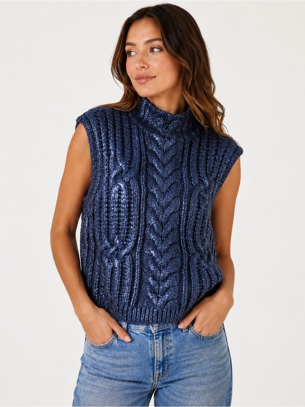 EDIT Jason Wu Metallic Blue Cable Knit Sleeveless Mock Neck Sweater Vest Size S